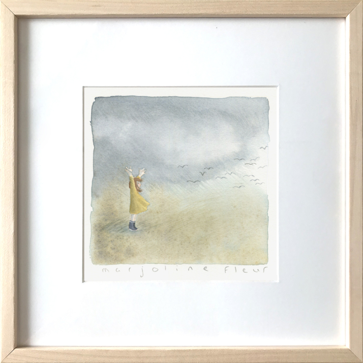 Tableau aquarelle encadrée montrant une fillette jouant avec le vent